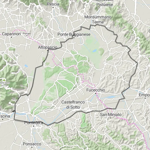 Mapa miniatúra "Altopascio - Pontedera okruh" cyklistická inšpirácia v Toscana, Italy. Vygenerované cyklistickým plánovačom trás Tarmacs.app