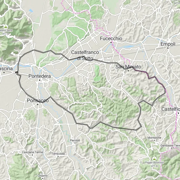 Map miniature of "Hills and History" cycling inspiration in Toscana, Italy. Generated by Tarmacs.app cycling route planner