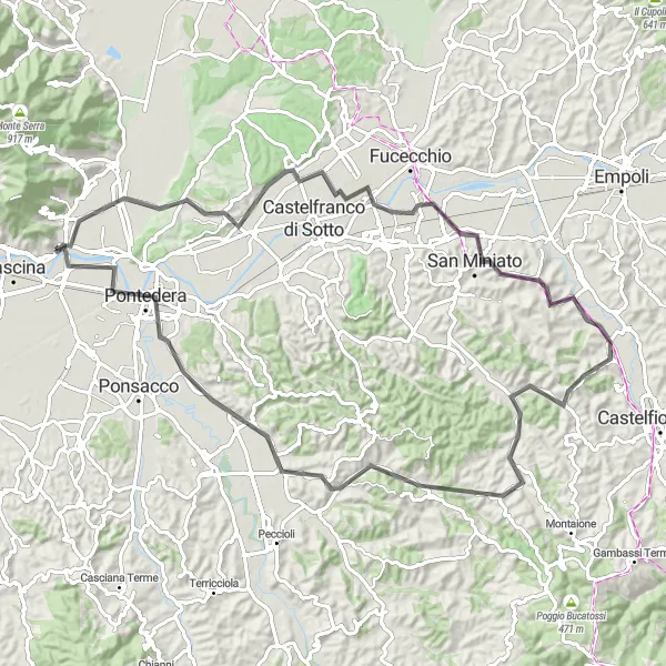 Miniatua del mapa de inspiración ciclista "Ruta de ciclismo de carretera por la campiña toscana" en Toscana, Italy. Generado por Tarmacs.app planificador de rutas ciclistas