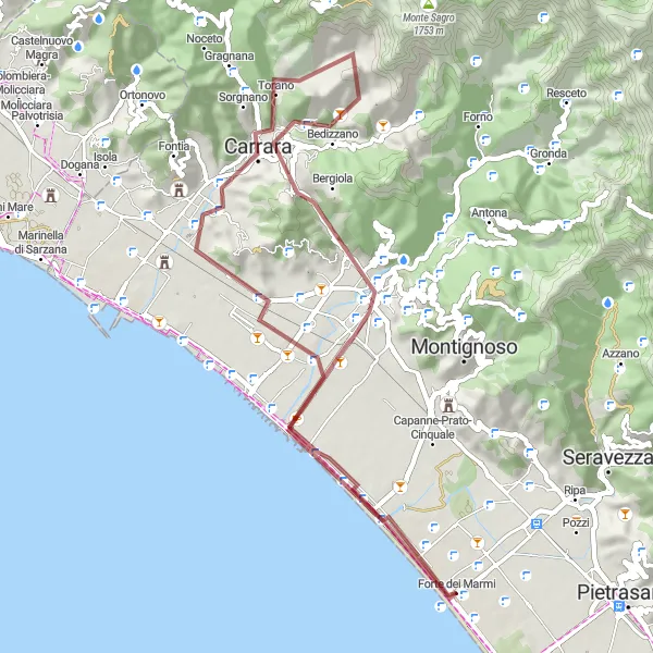 Map miniature of "Gravel Adventure to Man of Steel" cycling inspiration in Toscana, Italy. Generated by Tarmacs.app cycling route planner