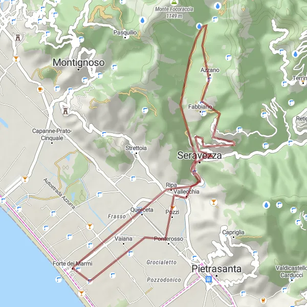 Karttaminiaatyyri "Vuoristomatkailua Toscanaan" pyöräilyinspiraatiosta alueella Toscana, Italy. Luotu Tarmacs.app pyöräilyreittisuunnittelijalla