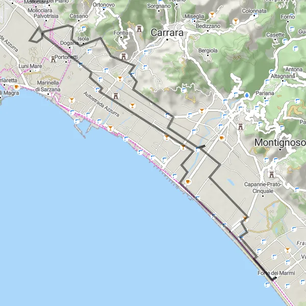 Miniature de la carte de l'inspiration cycliste "Défi Versilia - Ronchi" dans la Toscana, Italy. Générée par le planificateur d'itinéraire cycliste Tarmacs.app
