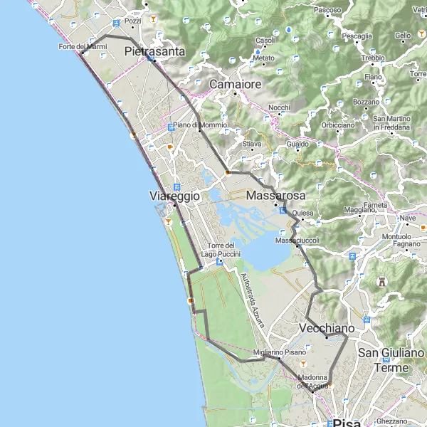 Karten-Miniaturansicht der Radinspiration "Sonnige Fahrradtour durch die Toskana ab Forte dei Marmi" in Toscana, Italy. Erstellt vom Tarmacs.app-Routenplaner für Radtouren