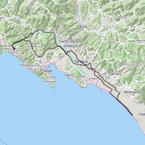 Miniatura della mappa di ispirazione al ciclismo "Giro Avventuroso tra Colline e Mare" nella regione di Toscana, Italy. Generata da Tarmacs.app, pianificatore di rotte ciclistiche