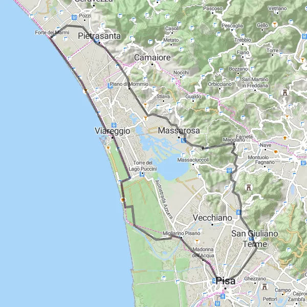 Miniaturní mapa "Kolem Pietrasanta a Monte Preti" inspirace pro cyklisty v oblasti Toscana, Italy. Vytvořeno pomocí plánovače tras Tarmacs.app