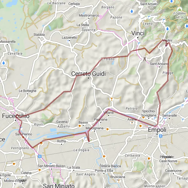 Zemljevid v pomanjšavi "Raziščitev okolice Cerreto Guidija in San Pierina" kolesarske inspiracije v Toscana, Italy. Generirano z načrtovalcem kolesarskih poti Tarmacs.app