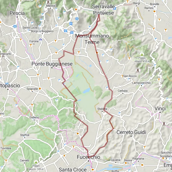 Miniatua del mapa de inspiración ciclista "Ruta de grava con encanto en las cercanías de Fucecchio" en Toscana, Italy. Generado por Tarmacs.app planificador de rutas ciclistas