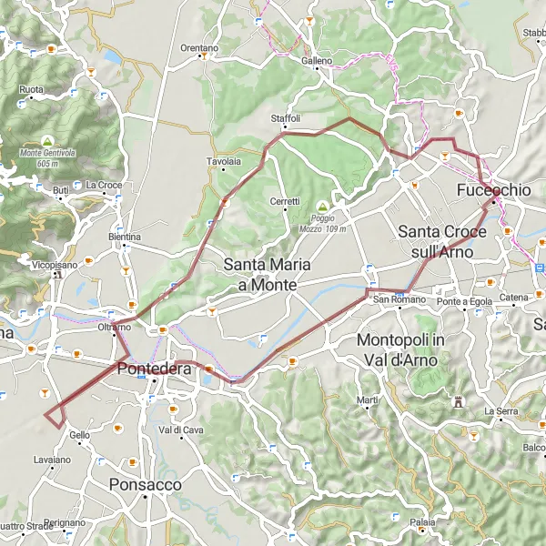 Miniatua del mapa de inspiración ciclista "Ruta de grava con paradas encantadoras cerca de Fucecchio" en Toscana, Italy. Generado por Tarmacs.app planificador de rutas ciclistas