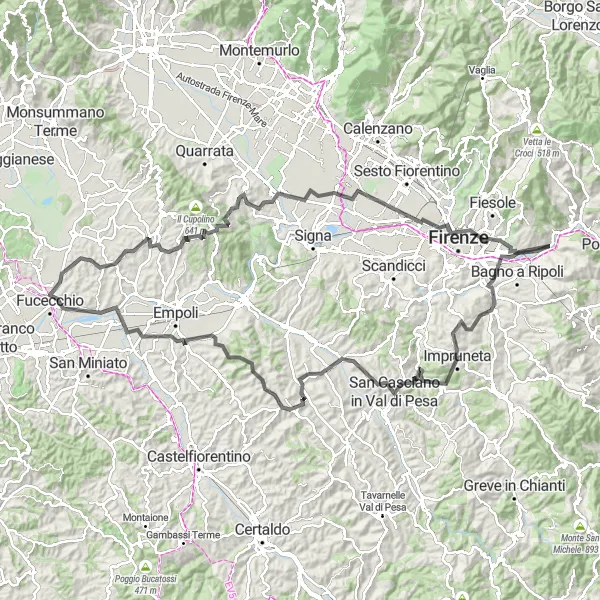 Miniatua del mapa de inspiración ciclista "Desafío en carretera con vistas panorámicas cerca de Fucecchio" en Toscana, Italy. Generado por Tarmacs.app planificador de rutas ciclistas