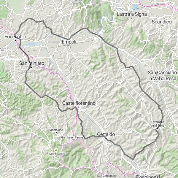 Zemljevid v pomanjšavi "Izzivna kolesarska tura s štartom v Fucecchiu" kolesarske inspiracije v Toscana, Italy. Generirano z načrtovalcem kolesarskih poti Tarmacs.app