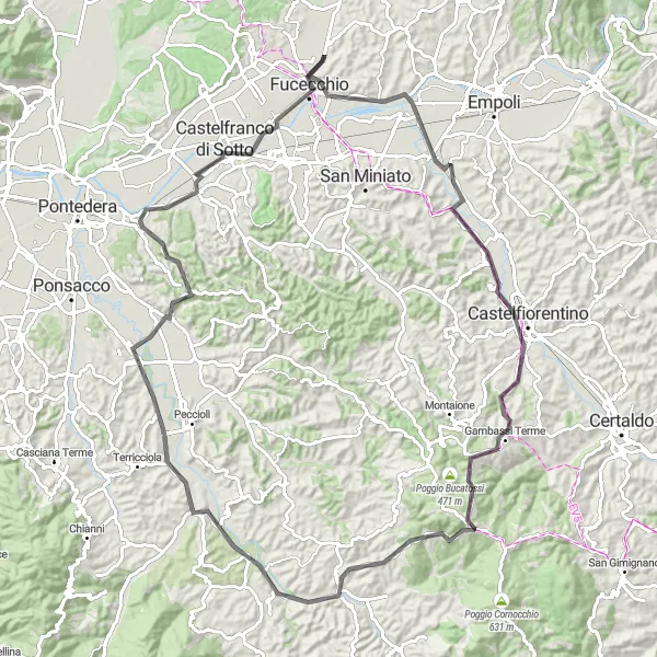 Kartminiatyr av "Historiska byar och vackra vyer" cykelinspiration i Toscana, Italy. Genererad av Tarmacs.app cykelruttplanerare