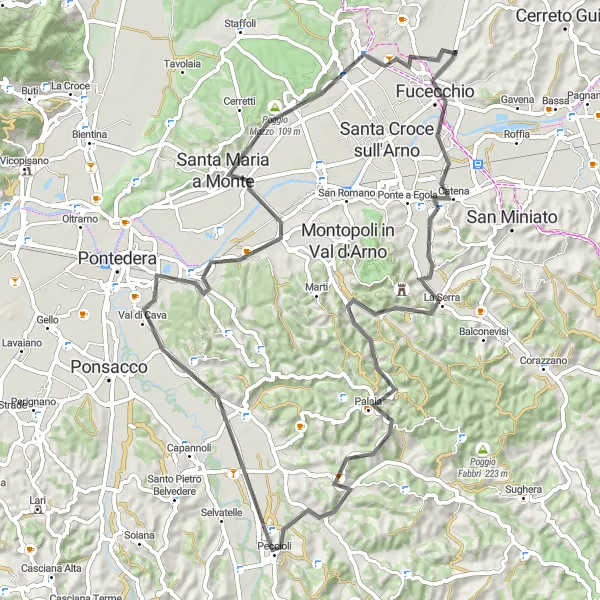 Kartminiatyr av "Kullar och slottsruiner" cykelinspiration i Toscana, Italy. Genererad av Tarmacs.app cykelruttplanerare
