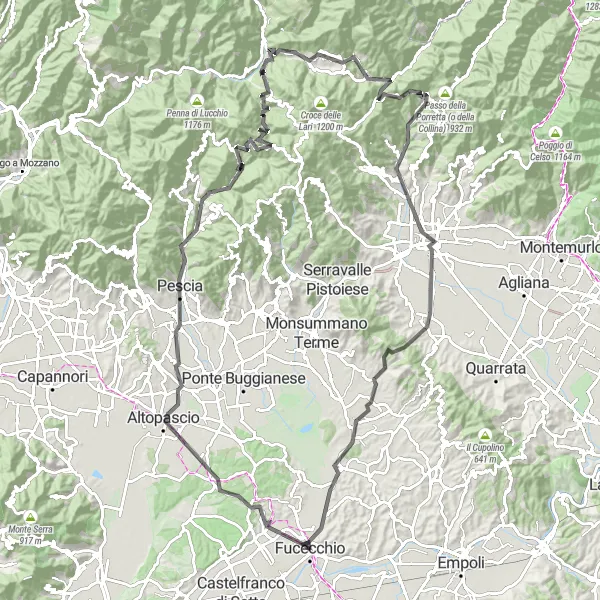 Miniature de la carte de l'inspiration cycliste "Le défi des montagnes toscanes" dans la Toscana, Italy. Générée par le planificateur d'itinéraire cycliste Tarmacs.app