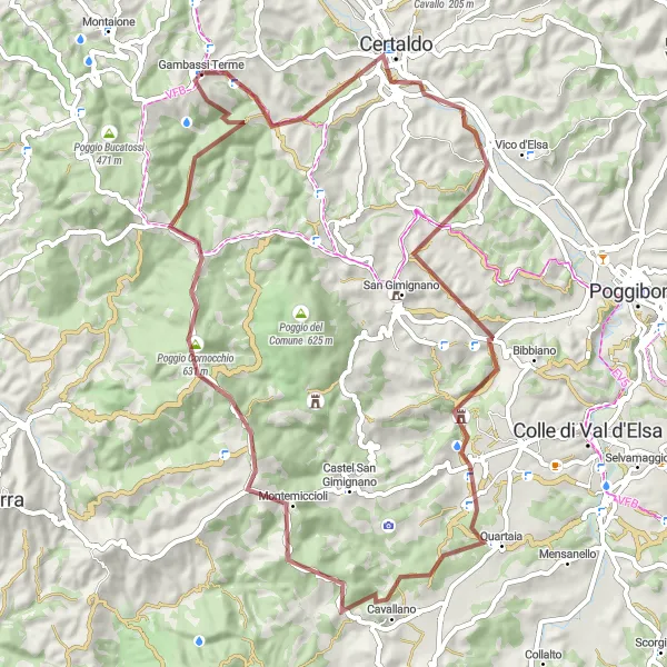 Miniatura della mappa di ispirazione al ciclismo "Avventura Gravel tra le Colline" nella regione di Toscana, Italy. Generata da Tarmacs.app, pianificatore di rotte ciclistiche