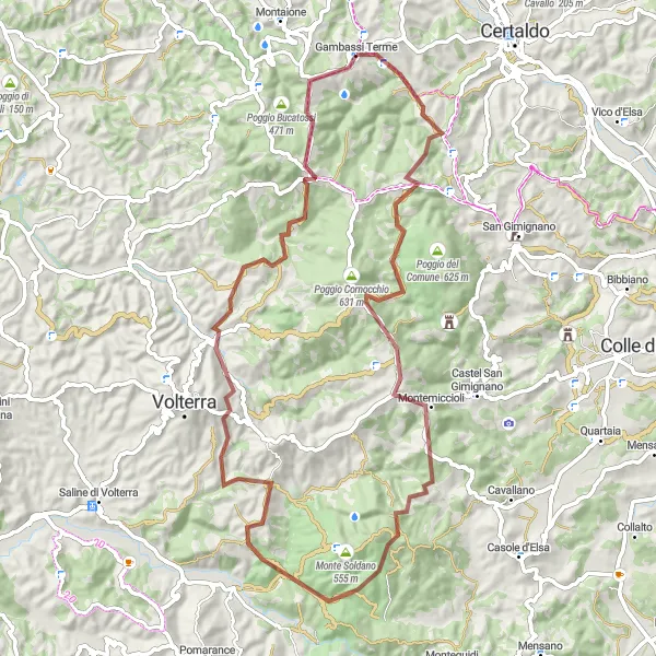 Miniatura della mappa di ispirazione al ciclismo "Avventura Gravel tra le Colline Toscan" nella regione di Toscana, Italy. Generata da Tarmacs.app, pianificatore di rotte ciclistiche