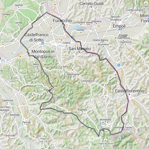 Miniatura della mappa di ispirazione al ciclismo "Tour delle Colline Toscane" nella regione di Toscana, Italy. Generata da Tarmacs.app, pianificatore di rotte ciclistiche