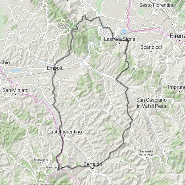 Miniatua del mapa de inspiración ciclista "Ruta en Carretera de Gambassi Terme a Gambassi Terme 2" en Toscana, Italy. Generado por Tarmacs.app planificador de rutas ciclistas