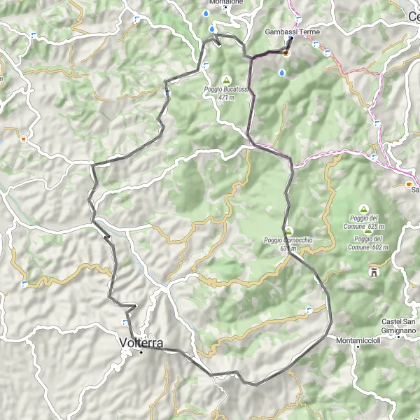 Miniatura della mappa di ispirazione al ciclismo "Scoperta ciclistica tra Volterra e Gambassi Terme" nella regione di Toscana, Italy. Generata da Tarmacs.app, pianificatore di rotte ciclistiche