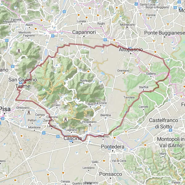 Miniatuurkaart van de fietsinspiratie "Gravel avontuur naar Gello" in Toscana, Italy. Gemaakt door de Tarmacs.app fietsrouteplanner