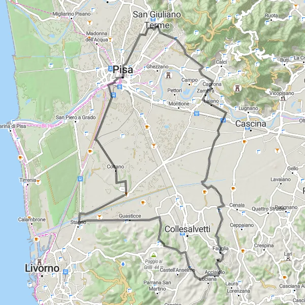 Mapa miniatúra "Road cycling adventure in Tuscany" cyklistická inšpirácia v Toscana, Italy. Vygenerované cyklistickým plánovačom trás Tarmacs.app