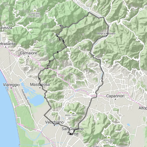 Kartminiatyr av "Gello til Passo del Lucese Loop" sykkelinspirasjon i Toscana, Italy. Generert av Tarmacs.app sykkelrutoplanlegger