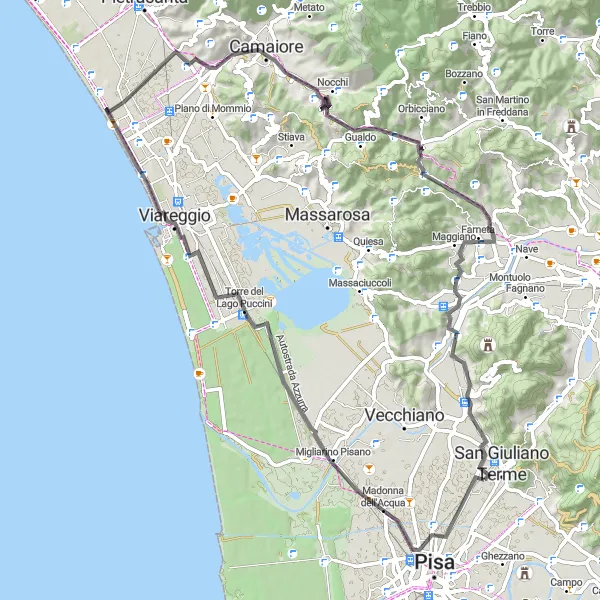 Miniatua del mapa de inspiración ciclista "Ruta de ciclismo de carretera de Gello" en Toscana, Italy. Generado por Tarmacs.app planificador de rutas ciclistas