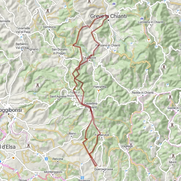 Miniatua del mapa de inspiración ciclista "Aventura en Grava por las Colinas de Chianti" en Toscana, Italy. Generado por Tarmacs.app planificador de rutas ciclistas