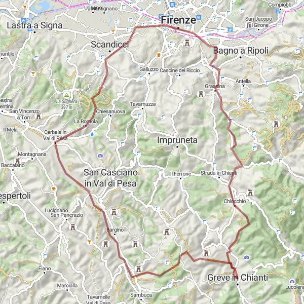 Miniatura della mappa di ispirazione al ciclismo "Percorso in bicicletta gravel intorno a Greve in Chianti" nella regione di Toscana, Italy. Generata da Tarmacs.app, pianificatore di rotte ciclistiche