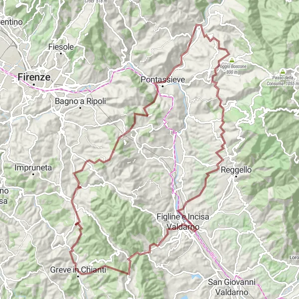 Miniatura della mappa di ispirazione al ciclismo "Avventura Gravel tra Colline e Valli del Chianti" nella regione di Toscana, Italy. Generata da Tarmacs.app, pianificatore di rotte ciclistiche