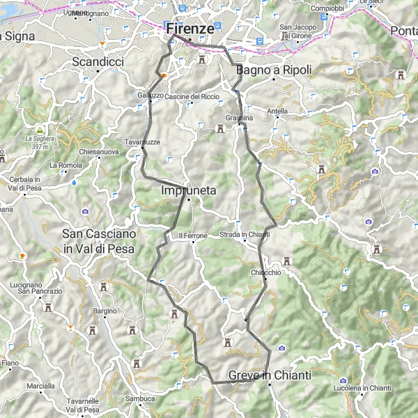 Miniatura della mappa di ispirazione al ciclismo "Giro in bici attraverso le colline toscane" nella regione di Toscana, Italy. Generata da Tarmacs.app, pianificatore di rotte ciclistiche