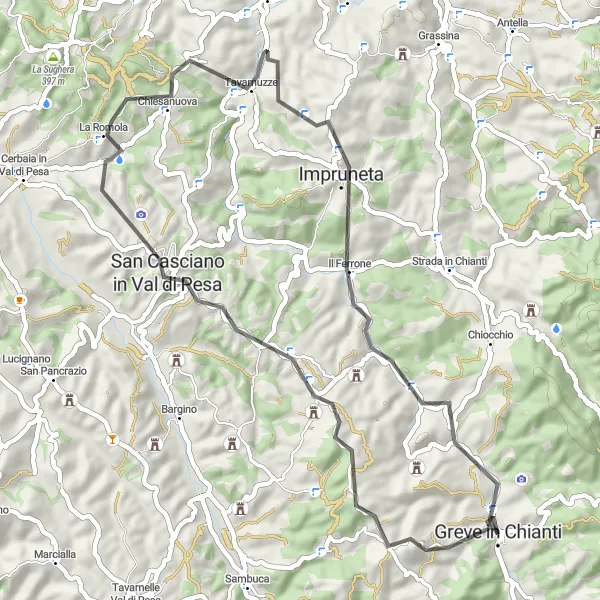 Karttaminiaatyyri "Greve in Chianti - Montefioralle - Impruneta Road Trip" pyöräilyinspiraatiosta alueella Toscana, Italy. Luotu Tarmacs.app pyöräilyreittisuunnittelijalla