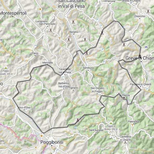 Miniatura della mappa di ispirazione al ciclismo "Tour di Greve in Chianti e dintorni" nella regione di Toscana, Italy. Generata da Tarmacs.app, pianificatore di rotte ciclistiche