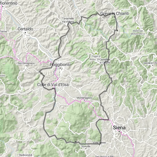 Mapa miniatúra "Okruh Greve in Chianti - Monte Petri" cyklistická inšpirácia v Toscana, Italy. Vygenerované cyklistickým plánovačom trás Tarmacs.app