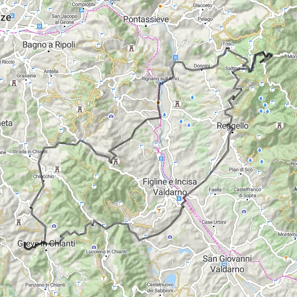 Kartminiatyr av "Toscanska Höjder och Dalar" cykelinspiration i Toscana, Italy. Genererad av Tarmacs.app cykelruttplanerare
