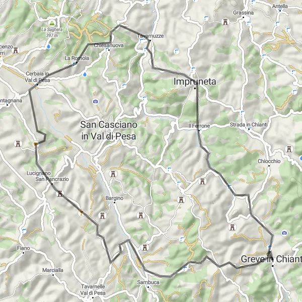Kartminiatyr av "Kulturelle Skatter på Landeveien" sykkelinspirasjon i Toscana, Italy. Generert av Tarmacs.app sykkelrutoplanlegger
