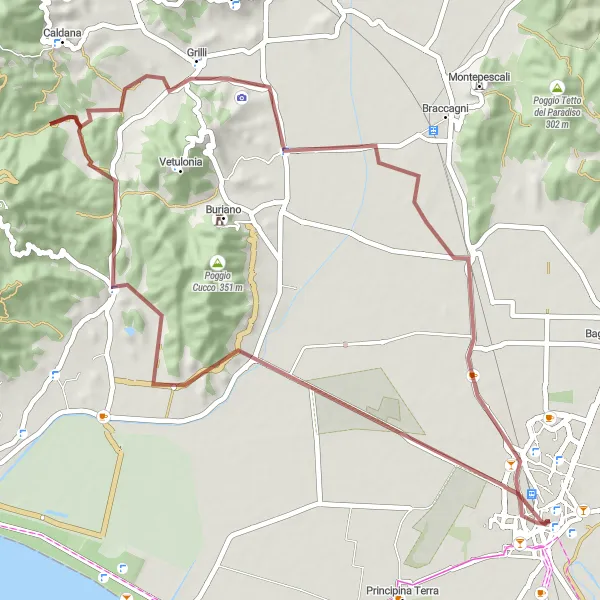 Miniatura della mappa di ispirazione al ciclismo "Giro in mountain bike da Grosseto a Rugginosa" nella regione di Toscana, Italy. Generata da Tarmacs.app, pianificatore di rotte ciclistiche