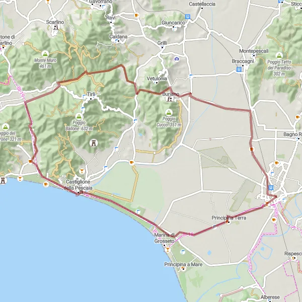 Miniatura della mappa di ispirazione al ciclismo "Esplorando la Maremma Grossetana in Gravel Bike" nella regione di Toscana, Italy. Generata da Tarmacs.app, pianificatore di rotte ciclistiche
