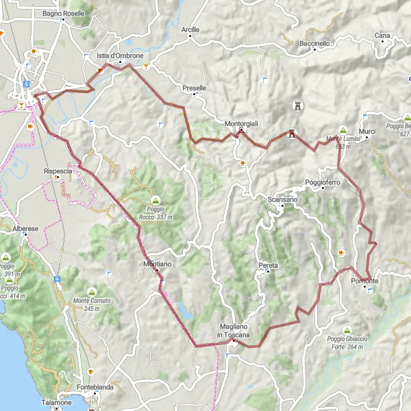 Miniature de la carte de l'inspiration cycliste "Itinéraire gravel à travers la Maremme" dans la Toscana, Italy. Générée par le planificateur d'itinéraire cycliste Tarmacs.app