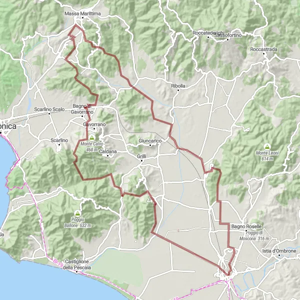 Miniatura della mappa di ispirazione al ciclismo "Grosseto coast and inland" nella regione di Toscana, Italy. Generata da Tarmacs.app, pianificatore di rotte ciclistiche