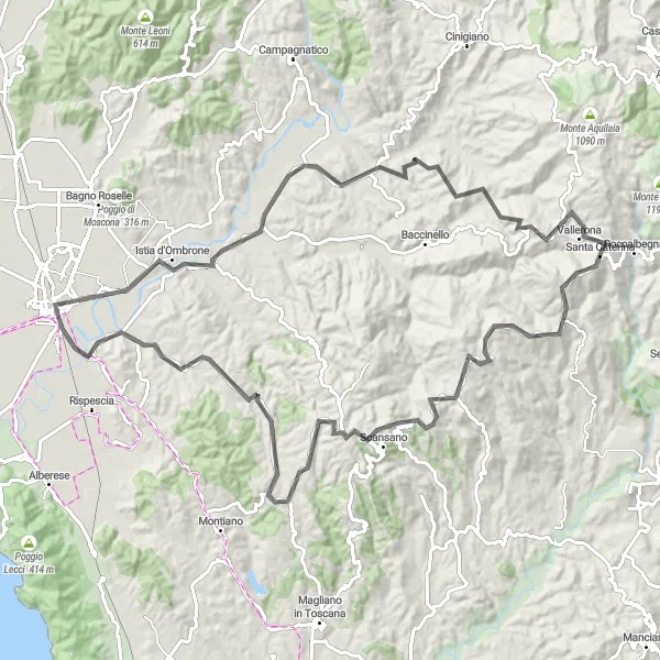 Mapa miniatúra "Cyklistická trasa okolo Grosseta - Istia d'Ombrone" cyklistická inšpirácia v Toscana, Italy. Vygenerované cyklistickým plánovačom trás Tarmacs.app