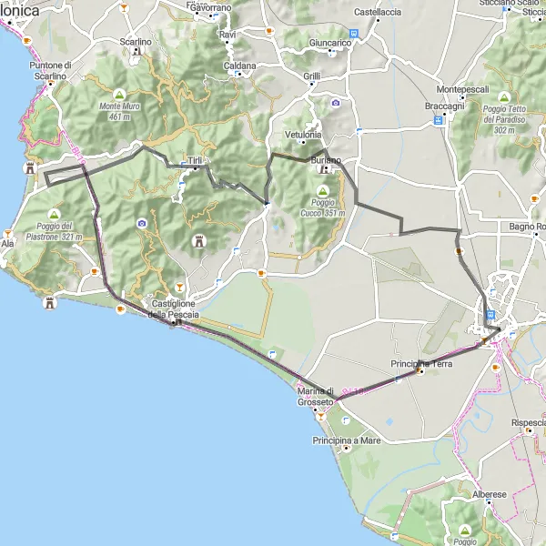 Kartminiatyr av "Rundtur till Castiglione della Pescaia och Barbanella" cykelinspiration i Toscana, Italy. Genererad av Tarmacs.app cykelruttplanerare