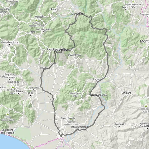 Miniatura della mappa di ispirazione al ciclismo "Giro in bici da Grosseto a Iesa" nella regione di Toscana, Italy. Generata da Tarmacs.app, pianificatore di rotte ciclistiche