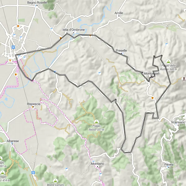Miniature de la carte de l'inspiration cycliste "L'escapade de Grosseto à Montorgiali" dans la Toscana, Italy. Générée par le planificateur d'itinéraire cycliste Tarmacs.app