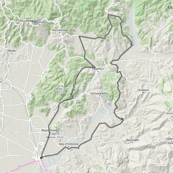 Zemljevid v pomanjšavi "Cestna pot v okolici Grosseta" kolesarske inspiracije v Toscana, Italy. Generirano z načrtovalcem kolesarskih poti Tarmacs.app