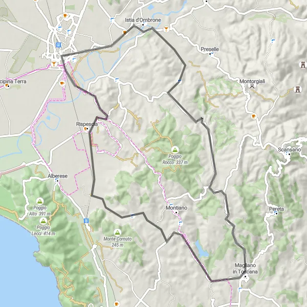 Kartminiatyr av "Runt Grosseto till Magliano in Toscana" cykelinspiration i Toscana, Italy. Genererad av Tarmacs.app cykelruttplanerare