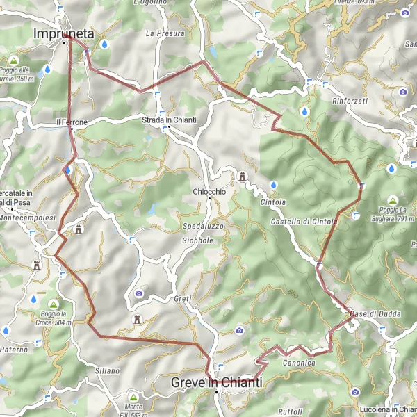 Miniatura della mappa di ispirazione al ciclismo "Itinerario Panoramico in Bicicletta" nella regione di Toscana, Italy. Generata da Tarmacs.app, pianificatore di rotte ciclistiche