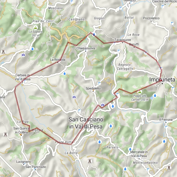 Map miniature of "Impruneta Gravel Adventure" cycling inspiration in Toscana, Italy. Generated by Tarmacs.app cycling route planner