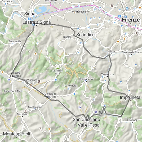 Mapa miniatúra "Okruh z Impruneta cez Poggio Castellare" cyklistická inšpirácia v Toscana, Italy. Vygenerované cyklistickým plánovačom trás Tarmacs.app