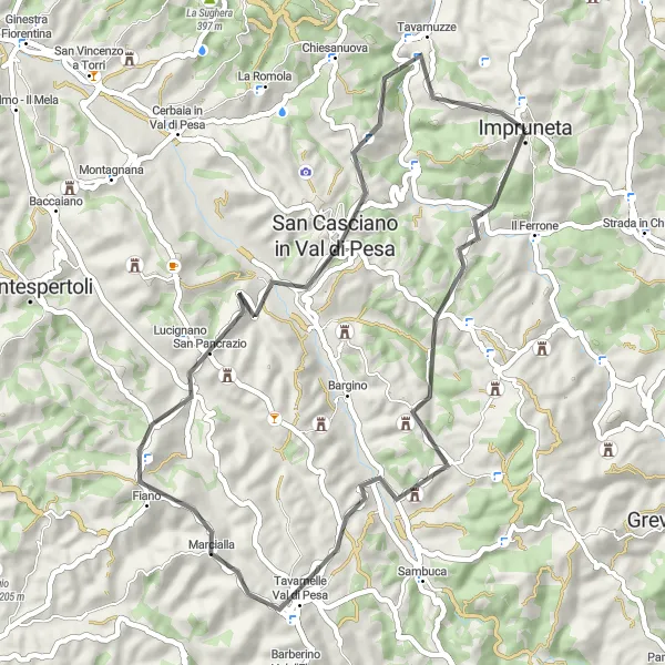 Miniatua del mapa de inspiración ciclista "Ruta de ciclismo de carretera a través de Poggio Castellare y Monte Sant'Antonio" en Toscana, Italy. Generado por Tarmacs.app planificador de rutas ciclistas