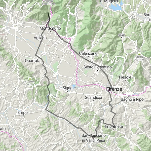 Miniatura della mappa di ispirazione al ciclismo "Esplorazione delle Colline Fiorentine" nella regione di Toscana, Italy. Generata da Tarmacs.app, pianificatore di rotte ciclistiche